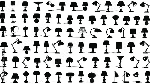 Comprehensive grid of black silhouette icons for various styles of table lamps floor lamps and modern lighting fixtures.