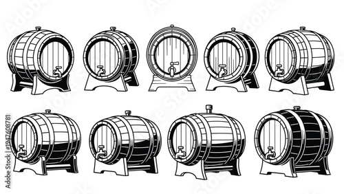 Row of classic wooden barrels with taps for wine or beer storage displayed in different perspective views and line art styles.