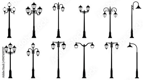 Detailed silhouettes of various classic and modern street lamp designs for urban lighting and architectural visualization projects.