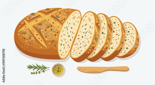 Sliced Artisan Bread Loaf with Seeds Flat Illustration