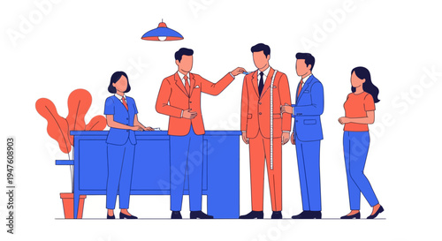 Professional Business People at Office Reception Desk Vector Illustration