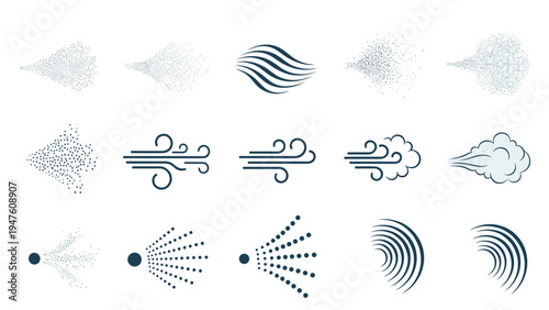 Compilation of various graphic icons representing spray mist, wind gusts, and air movement effects for weather or cleaning product designs.