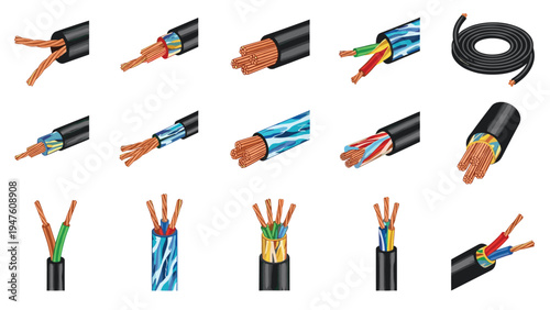 Various types of electrical power cables and wires showing cross-sections of copper conductors and colorful insulation layers.