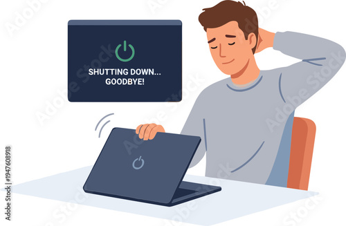 Man sitting at desk shutting down laptop computer goodbye