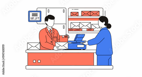 Professional Clerk or Postal Worker at Service Counter with Envelopes Illustration