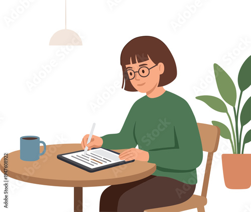 Woman sits at wooden table writing in notebook with coffee and plant nearby indoors