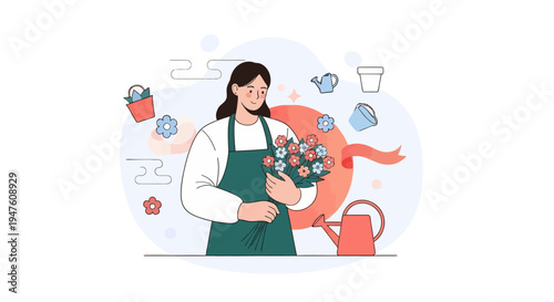 Professional Female Florist Gardener in Apron with Plants and Flowers Illustration
