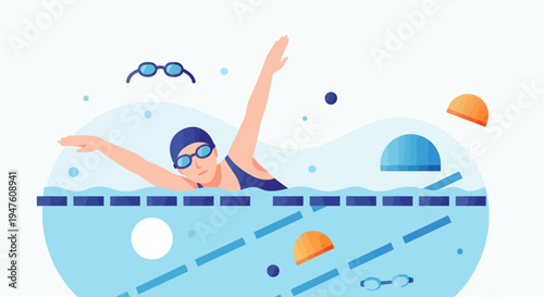 Professional female swimmer training in a swimming pool illustration
