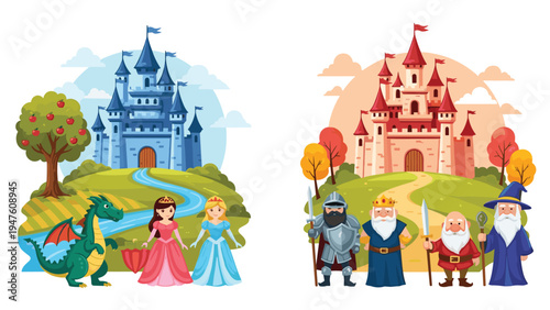 Two fairy tale scenes featuring castles, princesses, dragons, knights, wizards, and dwarfs in a colorful and magical landscape setting.
