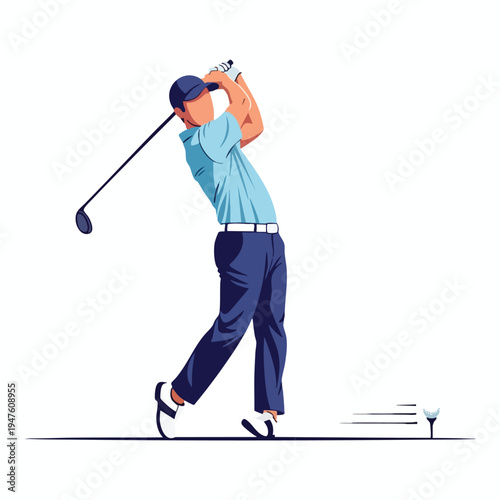 Golfer in motion swings club, teeing off a ball