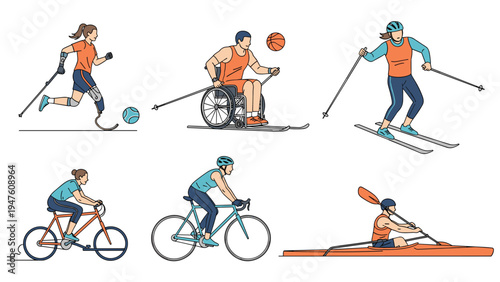 Group of parathletes participating in various sports like basketball, skiing, cycling, rowing, and soccer using specialized equipment.