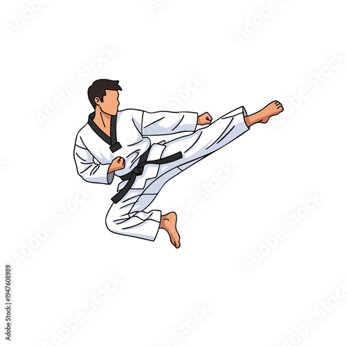 Dynamic martial artist performing a powerful flying kick in white uniform and black belt