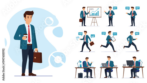 Professional businessman character in various work scenarios including making a presentation, running, working at a desk, and taking coffee.