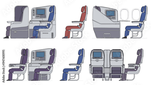Various airplane passenger seat designs and cabin layouts showing business class and economy class arrangements from side and back views.