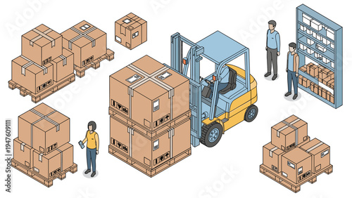 Isometric view of a warehouse where workers and a forklift operator are organizing cardboard boxes on pallets and storage shelves.