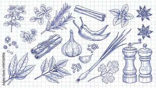 Detailed blue ink sketches of various culinary herbs and spices like garlic, cinnamon, rosemary, and peppercorns on a grid paper background.