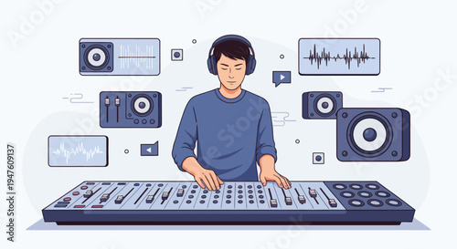 Sound engineer working on mixing console with music interface elements