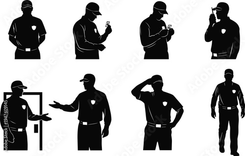 Security guard silhouettes collection with guards checking ID communicating on radio and standing on duty isolated on white background