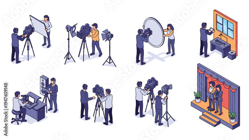 Collection of isometric scenes showing a film crew at work with cameras, lights, reflectors, and actors on a stage with a director.