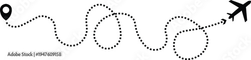 Airplane flight path, dotted line route with map pointer, travel destination symbols, and aviation tracks. Flat and modern travel design.