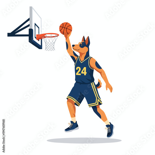 Anthropomorphic dog in a basketball uniform dunks a ball