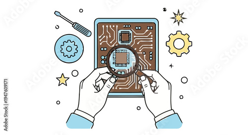Technician Examining Electronic Circuit Board with Magnifying Glass