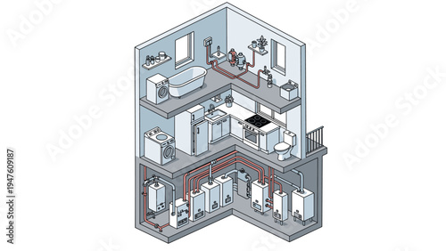 Cutaway isometric view of a multi-story building showing the complex internal plumbing and heating systems with boilers and pipes.
