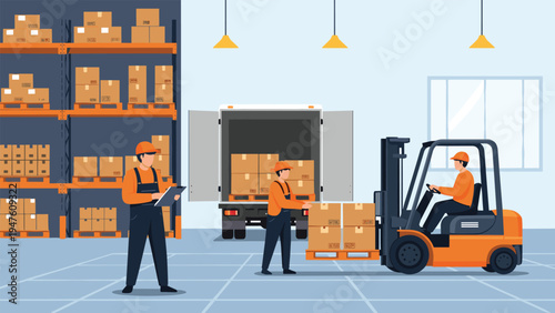 Busy logistics center with warehouse workers loading boxes into a truck and an operator driving a forklift in a modern facility.