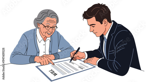 Senior woman reviewing and signing legal document with professional advisor. Estate planning, financial agreement, or will concept.
