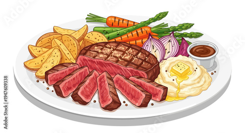 A plate of grilled steak, roasted vegetables, and chips is served with sauce.
