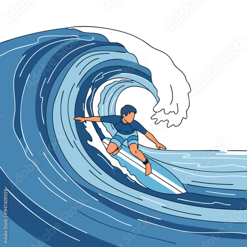 Surfer riding a barrel wave, stylized with blue tones and white accents