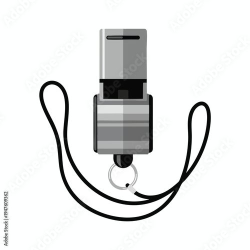 Minimalist, metallic whistle with black lanyard and silver ring attachment