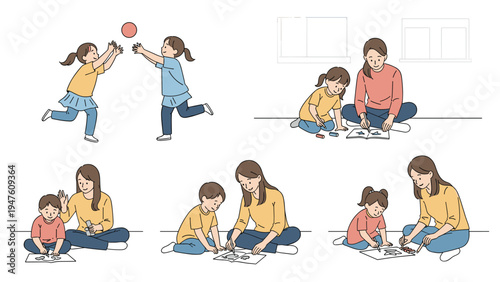 Set of scenes featuring children playing with a ball and engaging in creative drawing activities with an adult mentor or mother.