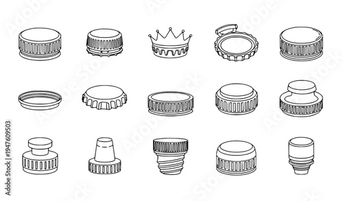 Bottle cap outline icons set lid cover packaging vector illustration