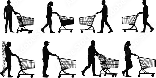 Silhouette icons of people pushing empty shopping carts, retail consumer behavior illustrations for supermarket, grocery, and lifestyle themes