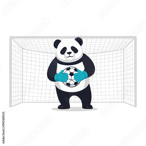 A cartoon panda wearing goalkeeper gloves holds a soccer ball in front of a net