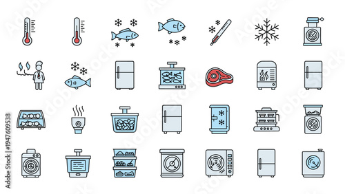 Comprehensive collection of icons related to food cooling, freezing, and storage including refrigerators, thermometers, and frozen symbols.