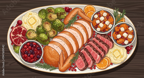 A festive holiday meal featuring roasted meats and fresh fruits on a platter indoors.