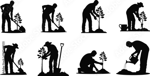 Silhouette icons of person planting and caring for young tree, environmental gardening illustrations showing eco care and sustainability