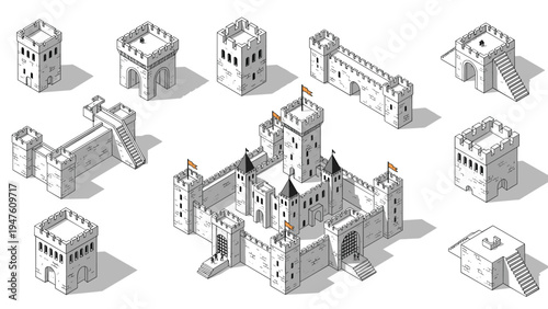 Isometric set of medieval castle architectural components including towers, walls, gates, and stairs for building game environments.