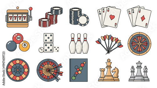 Comprehensive collection of gambling and board game icons featuring slot machines, cards, dice, darts, chess, and roulette wheels.
