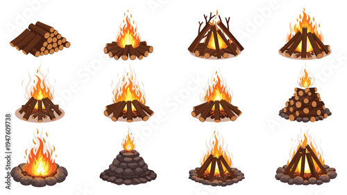 Different types of campfires and bonfires made from wooden logs and stones shown in various stages of burning with bright flames.