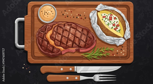 Grilled steak with roasted vegetables and baked potato on wooden tray