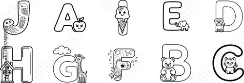 cute alphabet letters with animals, kids learning ABC doodle outline vector set, preschool education typography illustration for children nursery design coloring page