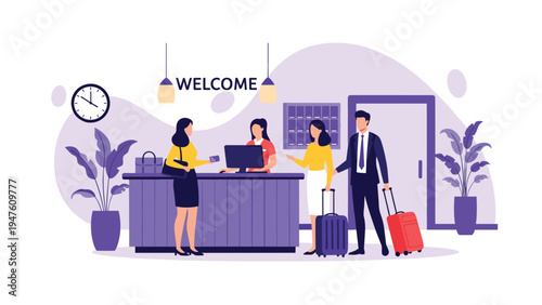 Hotel lobby scene featuring reception staff welcoming guests with luggage at the check-in desk in a modern hospitality setting.