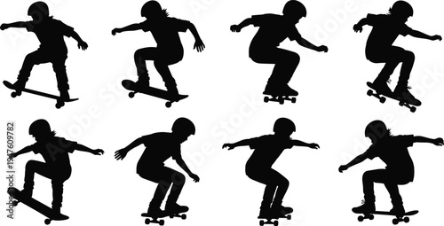 Skateboarder silhouettes collection performing skateboard tricks and jumps in skate park isolated on white background extreme sport action set