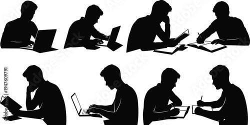 Student studying silhouettes collection reading books writing notes and using laptop for education isolated on white background learning concept