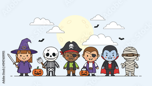 Cute children dressed in various Halloween costumes like a witch, pirate, vampire, and mummy standing together on a spooky night.
