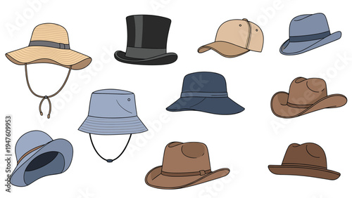 Various styles of headwear for men and women including fedoras, cowboy hats, beanies, top hats, and sun hats in neutral colors.