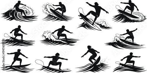 Surfing athlete silhouettes collection with surfers riding ocean waves performing surfboard tricks extreme water sport isolated on white background